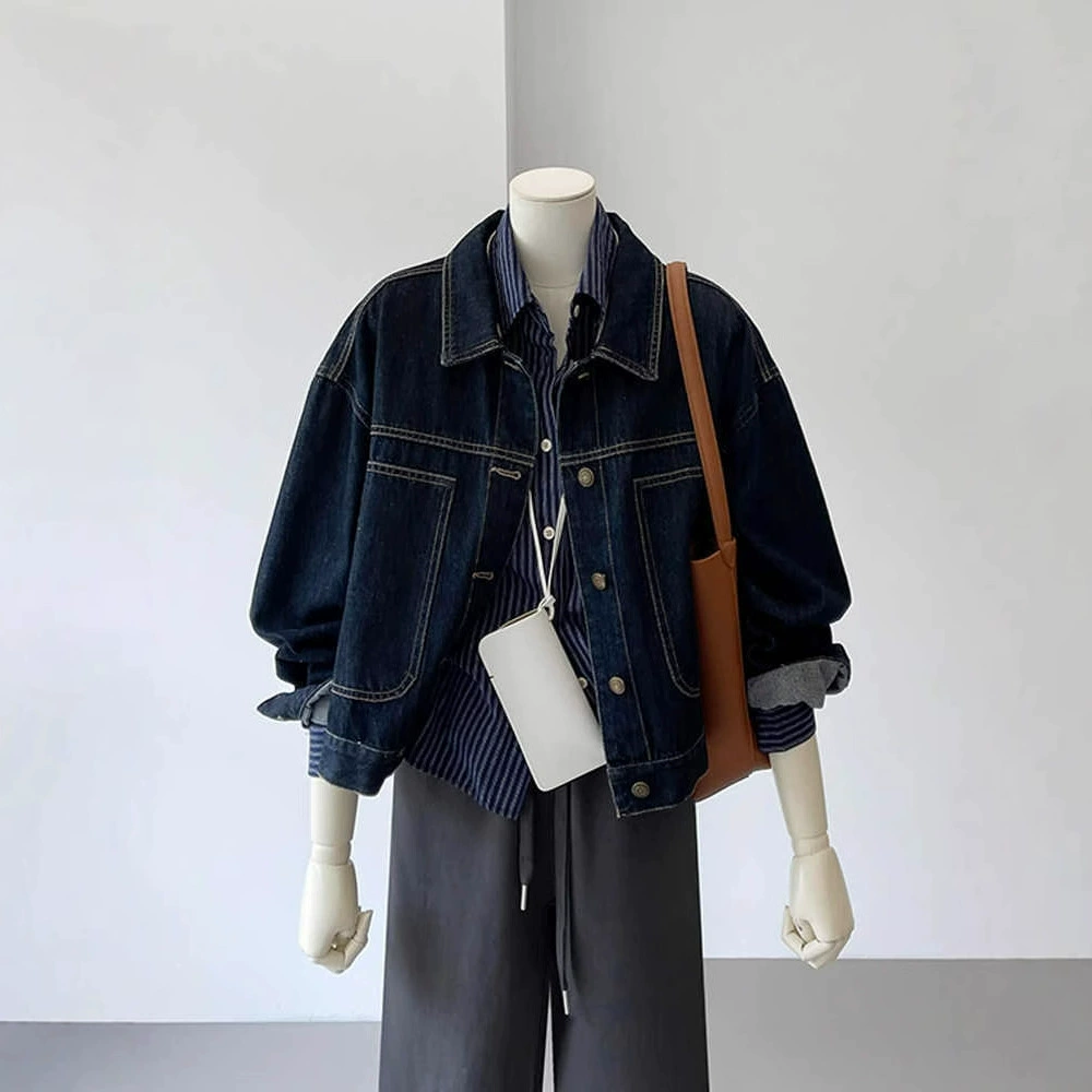 Гонконгский стиль ретро темно-голубой грудь большой карман маленький пиджак дизайн