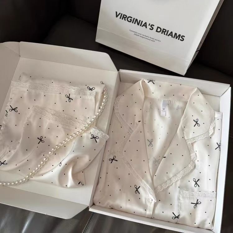 Ins Style Bow Polka Dot Pajamas Women's Summer Thin Short-Sleeved Shorts Two-Piece Set Can Be Worn Outside Home Clothes Set Ins Style Bow Polka Dot Pajamas Women's Summer Thin Short-Sleeved Shorts Two-Piece Set Can Be Worn Outside Home Clothes Set