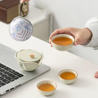 高档米黄汝窑快客杯一壶三杯便携户外功夫旅行茶具套装伴手礼logo