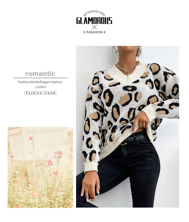 Maglione a maniche lunghe sciolto girocollo lavorato a maglia con stampa leopardata_voghion.com