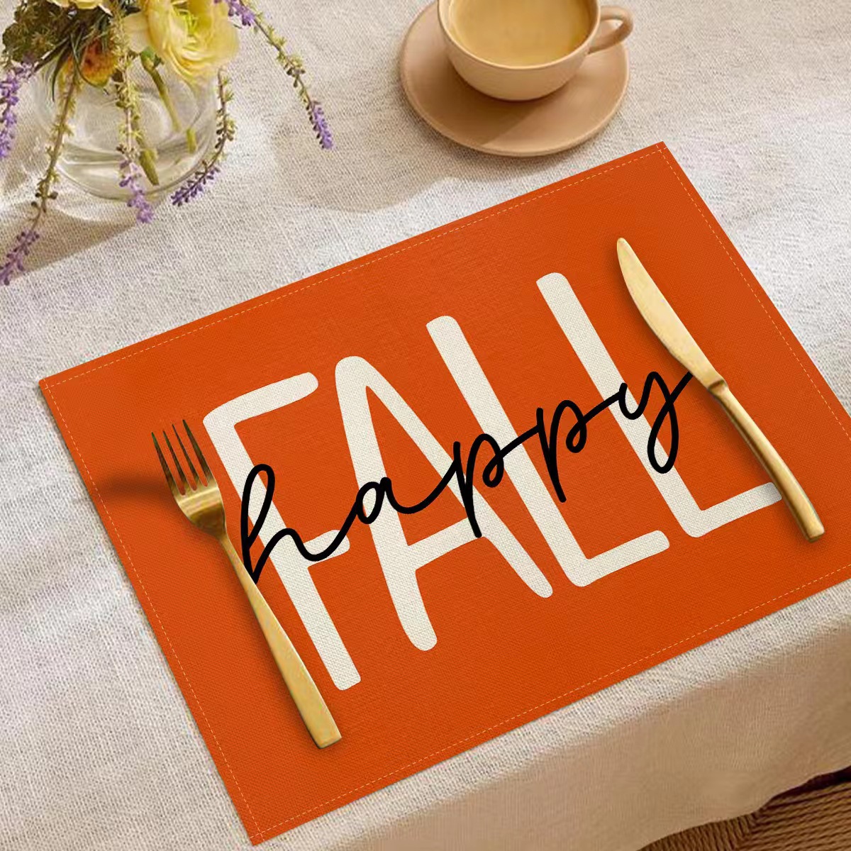 Transfronterizo temu explosión Día de Acción de Gracias otoño calabaza lino estampado conjunto lino estampado mesa de restaurante