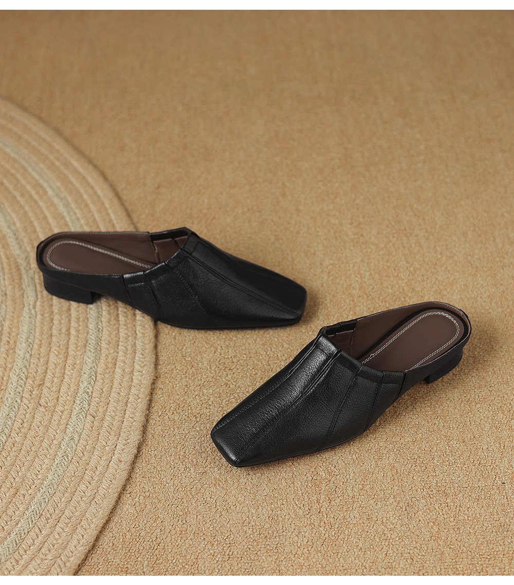 Giày mule nữ da dê mũi vuông đế bệt, phong cách Hàn Quốc — đen chi tiết 9