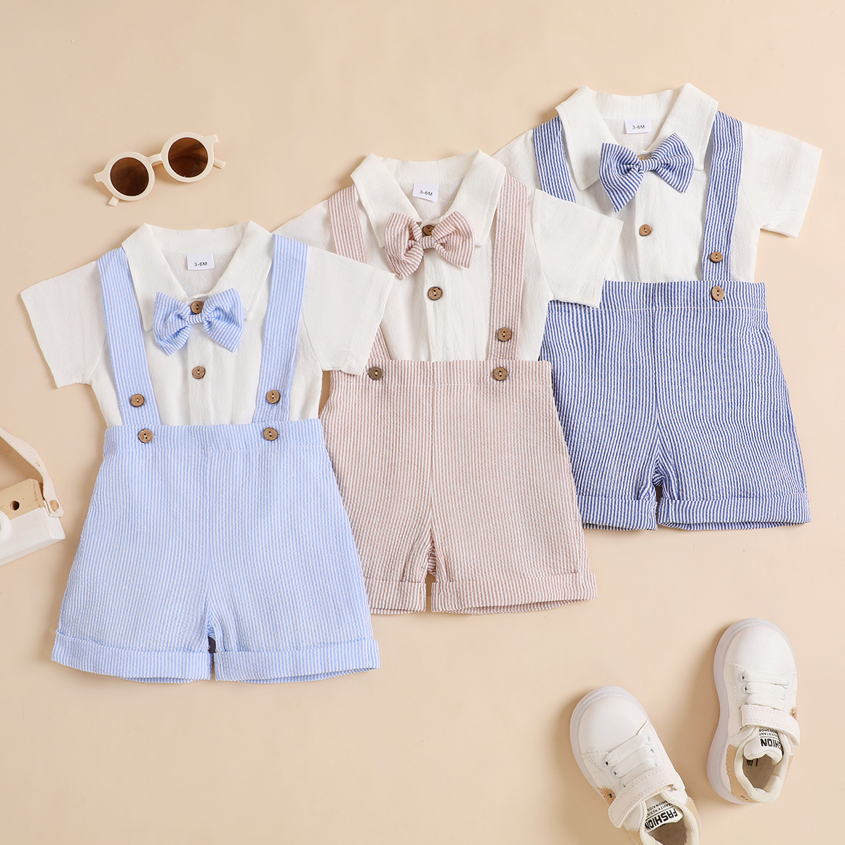Cross-Border Boys' New Summer Cotton and Linen Short-Sleeved Suit Casual Style Striped Overalls with Bow Tie