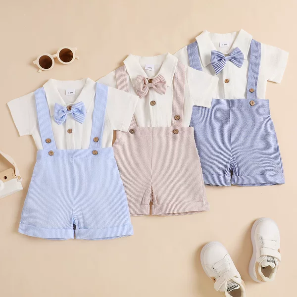 Cross-Border Boys' New Summer Cotton and Linen Short-Sleeved Suit Casual Style Striped Overalls with Bow Tie