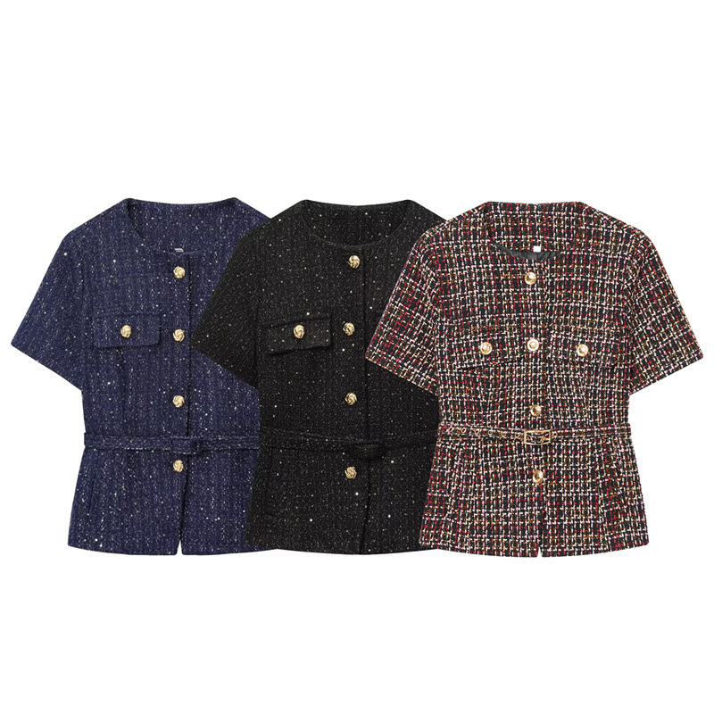 Cross-Border Women's Clothing Wholesale 2026 New Style Women's Clothing with a Stylish Feel, Featuring a Belt and Metallic Thread Texture, Chanel-Style Jacket