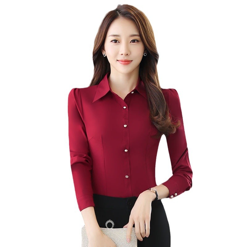Camisa roja de manga larga de las mujeres primavera nuevo estilo coreano slim fit adelgazamiento negocio desgaste superior de las mujeres ropa formal overoles camisa