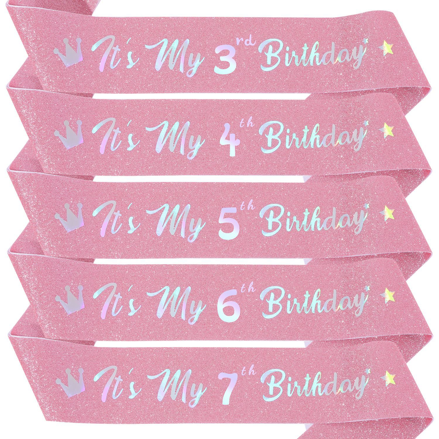 女孩粉色数字礼仪带IT'S MY BIRTHDAY公主生日金葱布烫炫彩字肩带