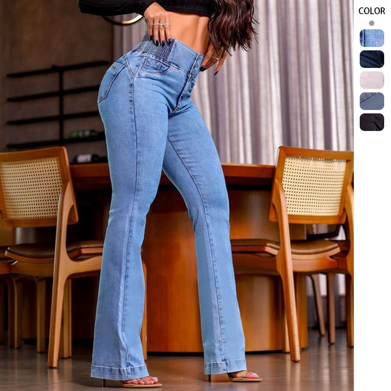 2025 European and American Cross-Border Amazon Elastic Waist High Waist Button Elastic Slim Wide Leg Long Jeans for Women