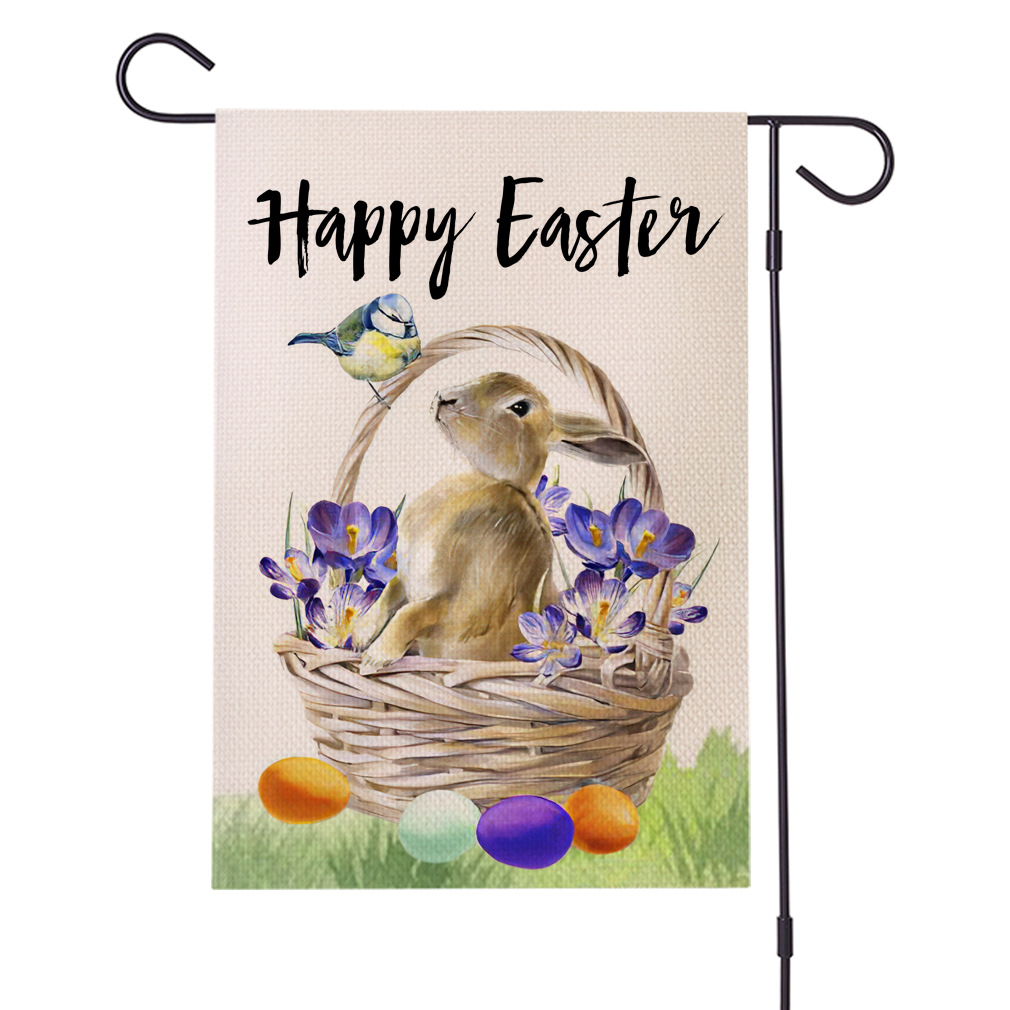 跨境复活节兔子彩蛋图案亚麻花园旗双面印刷旗子庭院装饰吊旗厂家