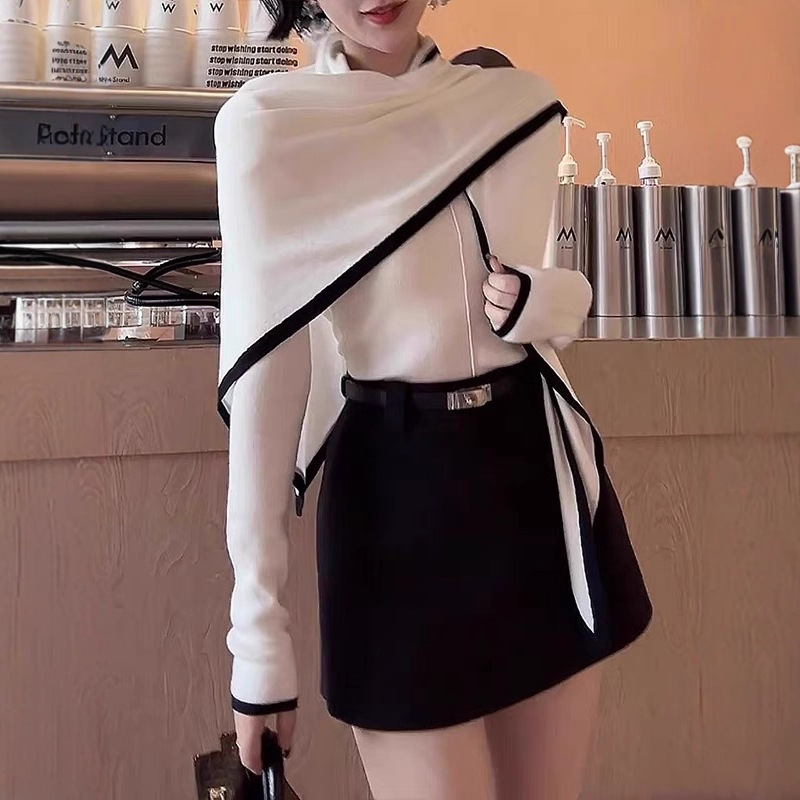 法式小众设计感撞色条纹大披肩两件套针织衫女秋冬显瘦遮小肚上衣|undefined