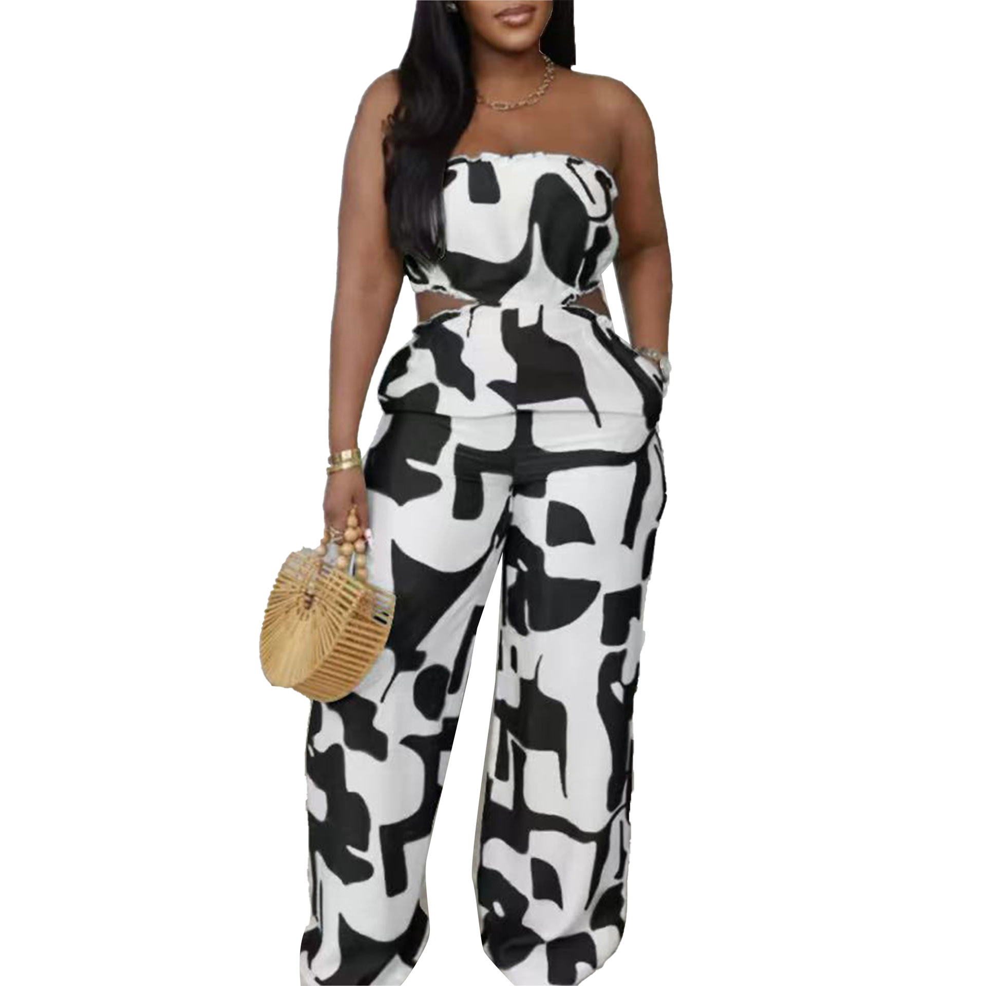 Elegant Strapless Printed Jumpsuit For Women Wide Leg Bottoms Casual Summer Polyester Thin Comfortable_ecoleips.com