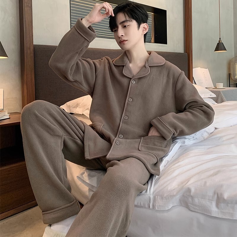 White Double-Sided Fleece Pajamas Men's Winter Warm Youth Men's Flannel Thickened fleece-lined Simple Home Clothes