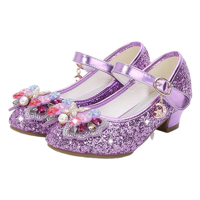 2023 estilo coreano nuevas niñas tacones altos lentejuelas zapatos de cuero para niños medianos y grandes niñas zapatos de princesa zapatos de rendimiento de los estudiantes