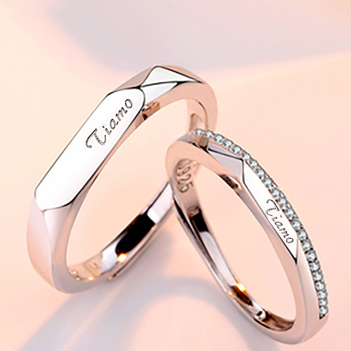 Wholesale S925 sterling silver diamond-shaped couple rings, a pair of Korean style light luxury simple glossy opening engraving men's and women's rings