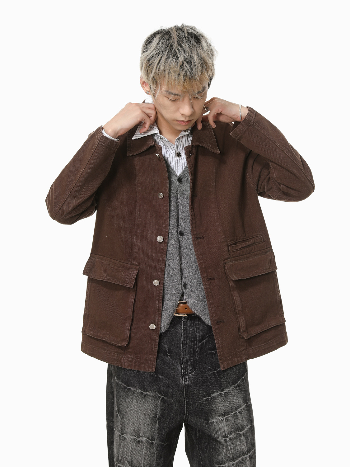 MTLCLOTHES Hombres| Retro hacer viejos altos sentidos algodón herramienta conjunto vaquero