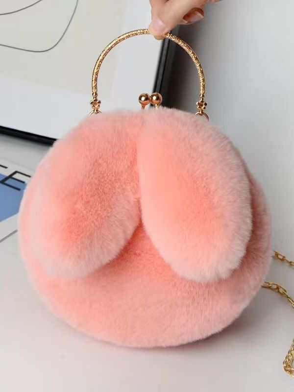 plush shoulder bag women‘s portable messenger bag chain phone bag all-match fashion small round bag rabbit ears clip