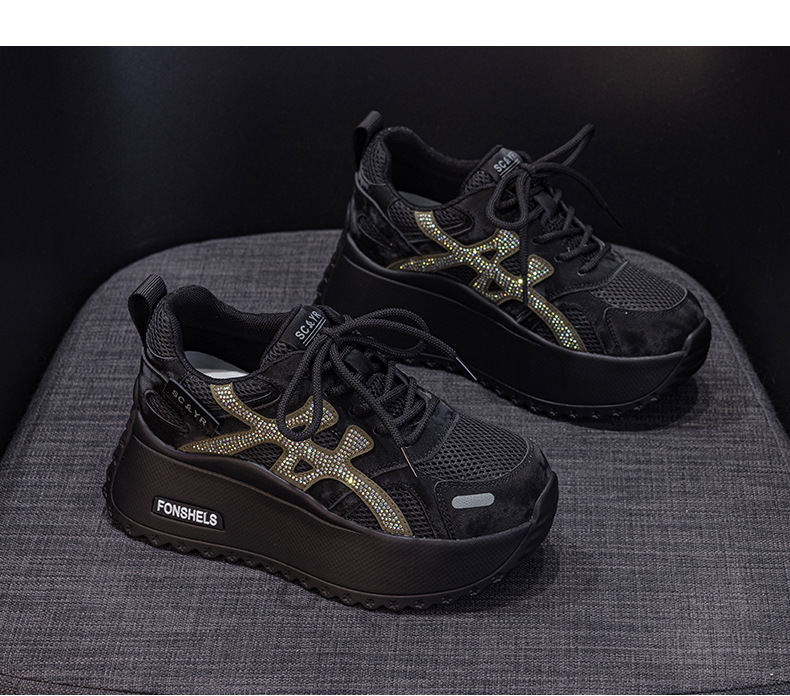 Giày sneaker nữ đế dày phong cách retro dành cho người dáng nhỏ, giày dad hot trend thu 2026, tăng chiều cao — M2933-1 màu xám đính kim cương, M2933 màu đen, M2933 màu nâu, M2933-1 màu đen đính kim cương chi tiết 19