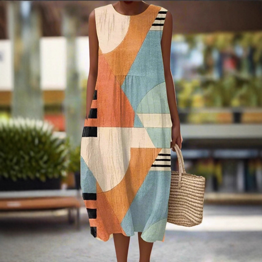 New Amazon Cross-Border Summer Sleeveless Casual Printed Elegant Long Dress Slim Fit Fresh Style Dress