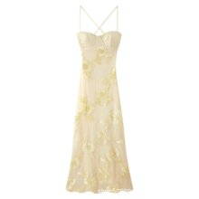 跨境欧美风外贸新款女装性感修身包臀显瘦露背气质连衣裙刺绣长裙