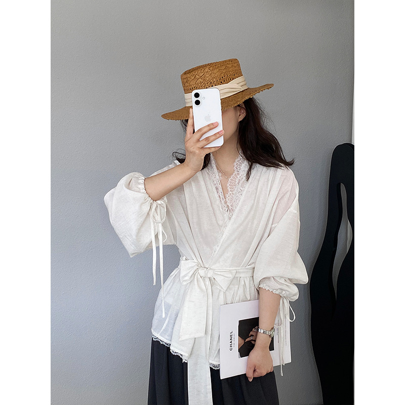 Jiangzuo Private Collection French Style Lace Patchwork Waist-Cinching Shirt for Women, High-Quality Top, Women's Spring Fashion New Model 6507