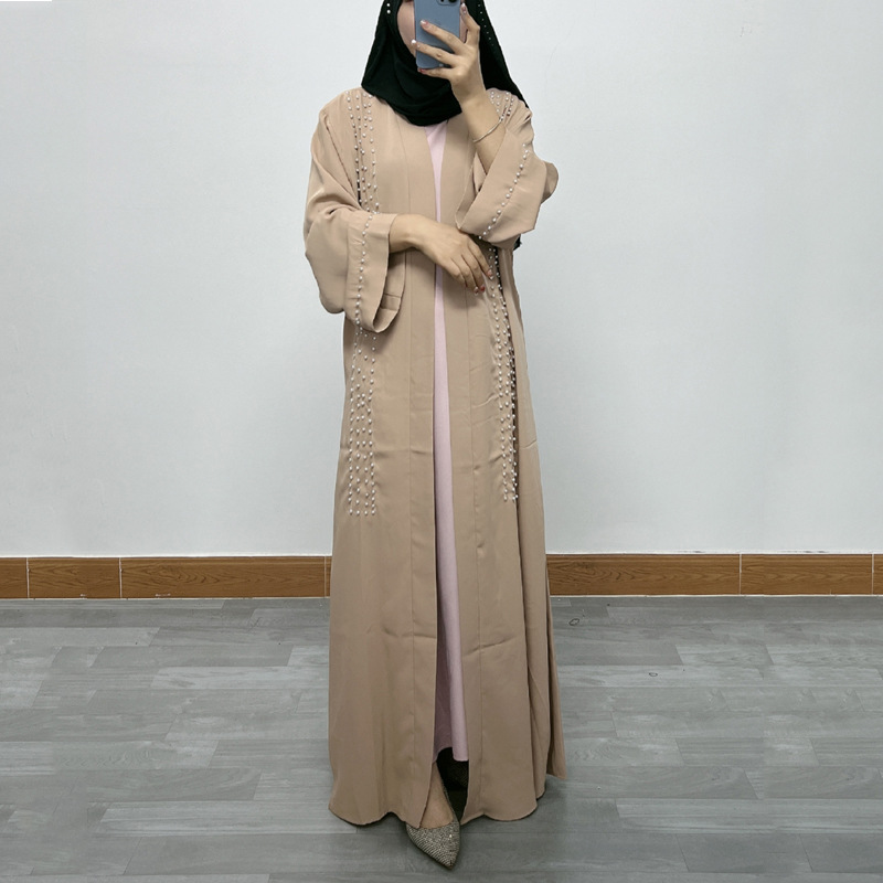 F326 Cross-Border Foreign Trade Middle Eastern Women's Long Dress, Dubai Pearl Embellished Elegant Cardigan Robe,_ecoleips.com