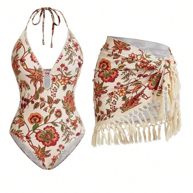 Sexy Bikini-Set mit tiefem V-Ausschnitt, kurzem Rock und Quasten – einteiliger Badeanzug für Damen. Genießen Sie die Bewegungsfreiheit._voghion.com