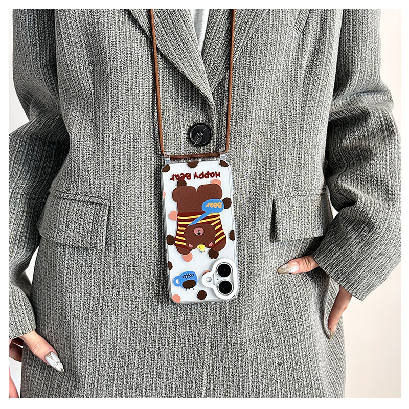 Backpack Bear Apple 16promax Mobile Phone Case Crossbody Lanyard Suitable for iPhone15 Drop-resistant Transparent Soft Case 14