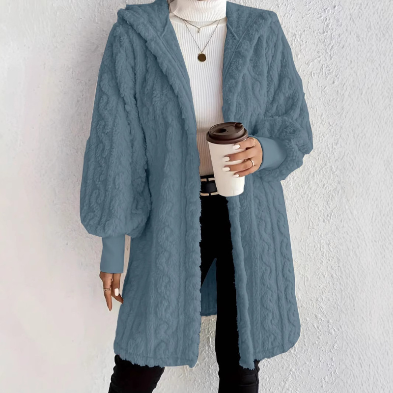 速売通Wish ebay 2025秋冬欧米の女性服の純色の長袖の帽子のゆったりした毛の羽毛の上着の女性|undefined