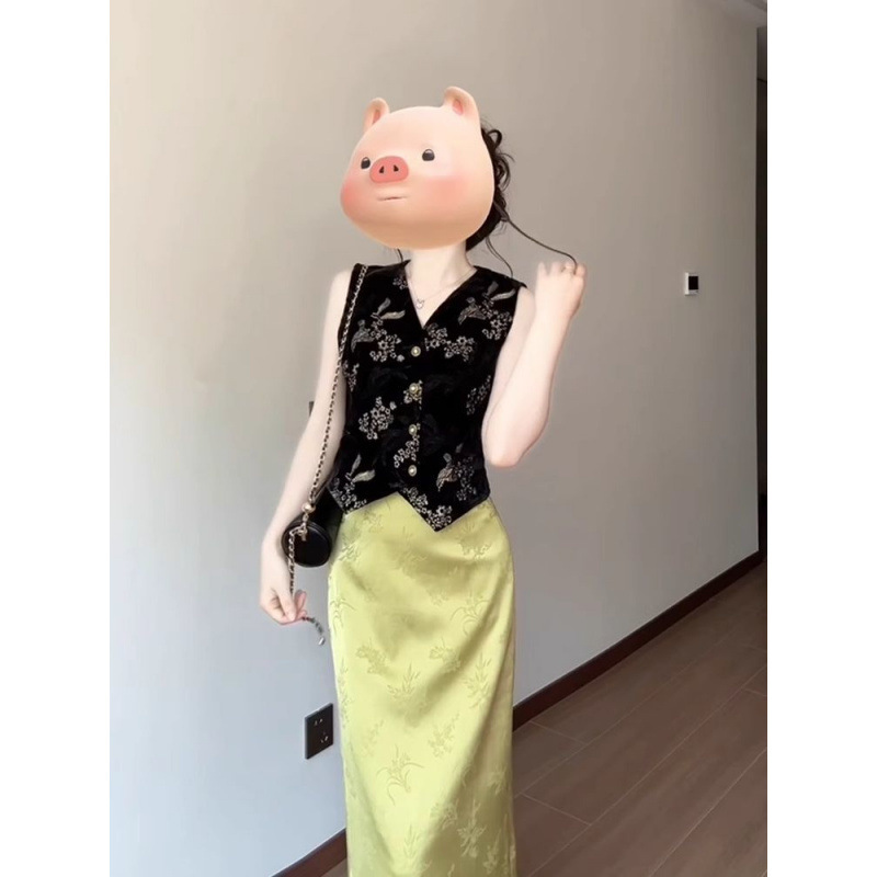 新中式国风夏季新款黑色刺绣马甲高腰半身裙绝美复古套装女两件套|undefined