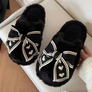 Cute Dung Feeling Winter Cotton Slippers Home Bow Thick Slippers Women's Outwear Student Plush Warm Shoes