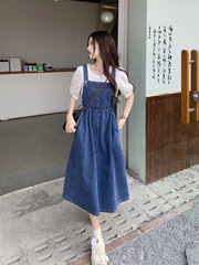 可塩可甘デニムワンピース女装夏のデザイン感は腰を収めて痩せています。