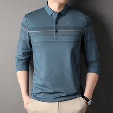 中年男士条纹Polo领年轻爸爸装上衣2023秋季新款时尚休闲长袖t恤