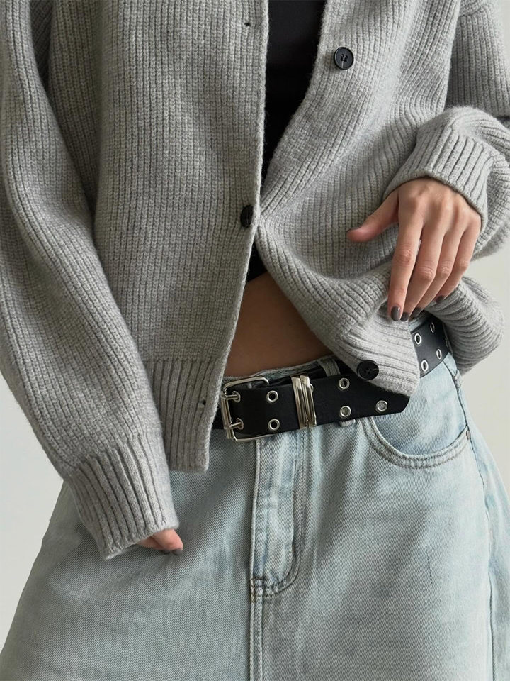 Áo khoác cardigan len nữ cổ bán cao cài nút, họa tiết gân, dáng rộng, dài tay — màu xám chi tiết 2