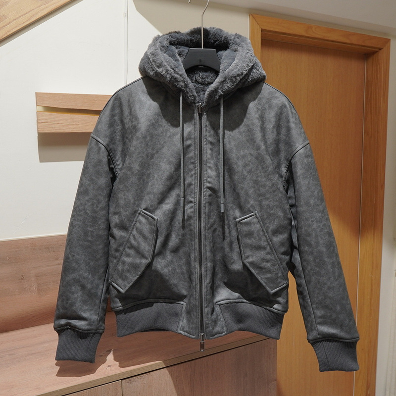 European and American Men's Wholesale Faux Fur Jacket Reversible Imitation Leather Gray Bomber Jacket 0993401