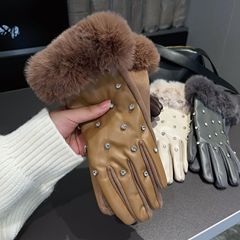 人差し指の全タッチパネルのタンパク質の皮のドリルはウサギの毛の口の手袋の女性の色を合わせます。