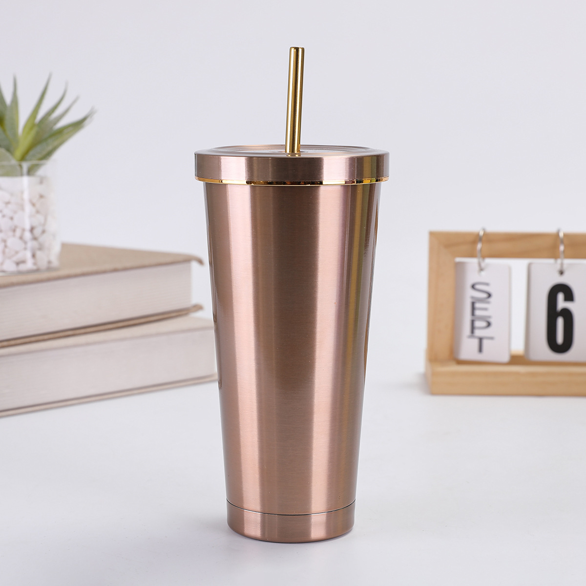 Taza de paja de acero inoxidable de doble capa de gran capacidad 750ml taza de café de perla vacío de mano taza de automóvil de hielo