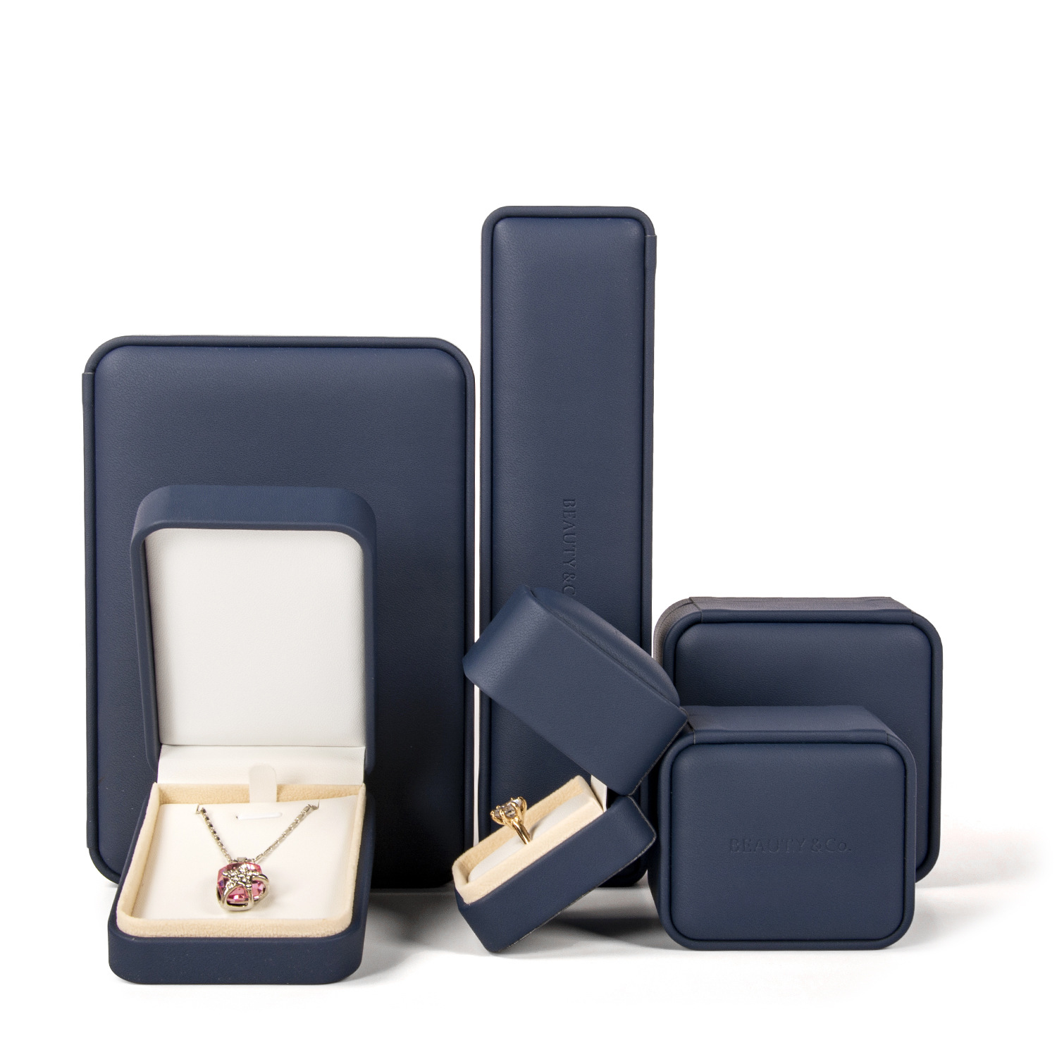 厂家直销定logo宝蓝PU皮圆角手镯项链戒指吊坠高端珠宝首饰包装盒