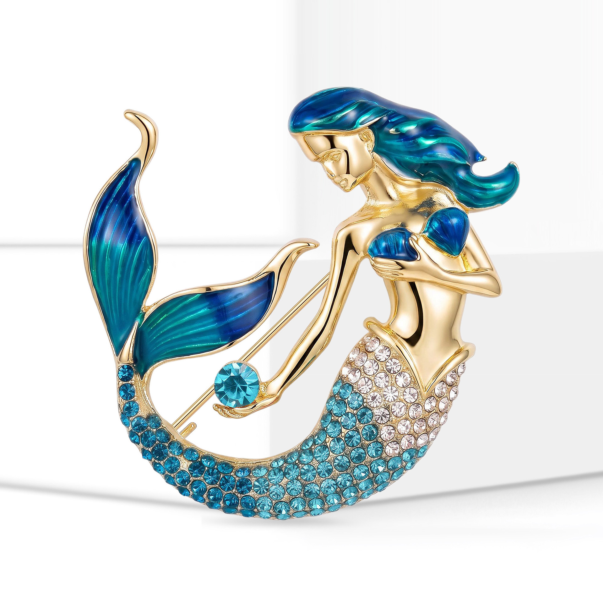 Cross-border best-selling alloy and enamel mermaid brooch with diamond embellishments, a new European and American ocean-themed pin: BR5968