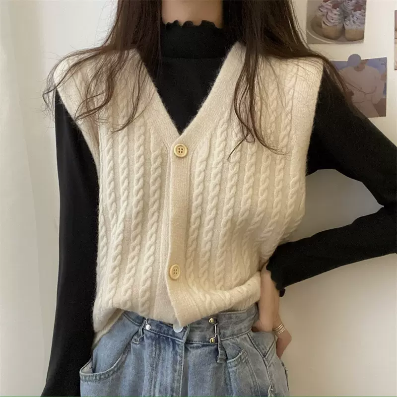 韩版复古麻花针织马甲女外搭叠穿V领甜美糖果色无袖毛衣背心批发