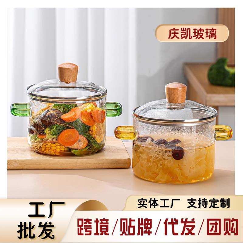 Postal gratuito estilo nórdico de alta borosilicona resistente a altas temperaturas panela de vidrio para curar la salud de los oídos con tapa amarillo y verde mango panela de fideos de espuma de sopa