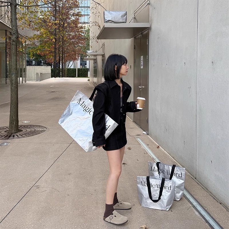 银色编织袋高颜值大容量服装店手提袋服装超大购物袋环保袋批发