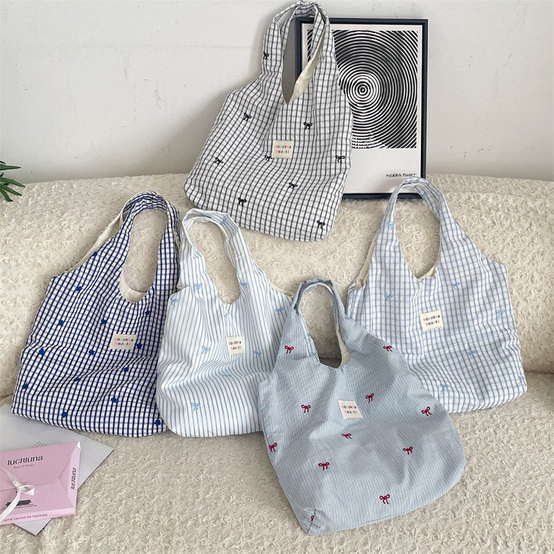 57191 Summer New Ins Style Blue Plaid Embroidered Small Flower Single Shoulder Shopping Bag Casual Tote Canvas Vest Bag
