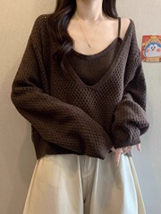 美拉德咖色针织衫套装2025新款秋季大码女装胖mm宽松长袖毛衣上衣
