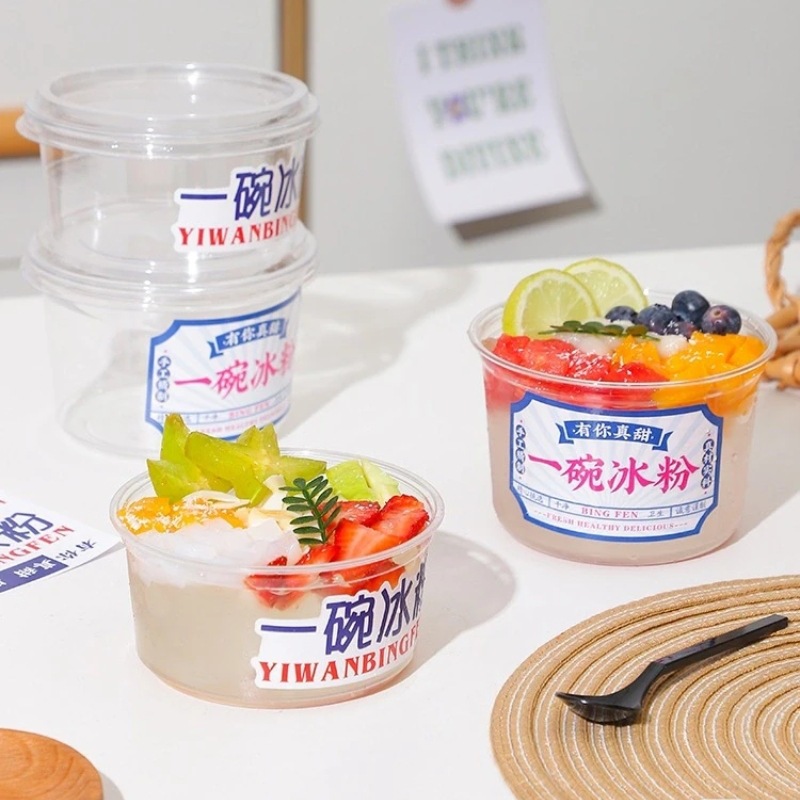 Polvo de hielo tazón especial red comercial sopa de hielo rojo embalaje redondo taza transparente taro de frutas tazón de embalaje redondo desechable con tapa