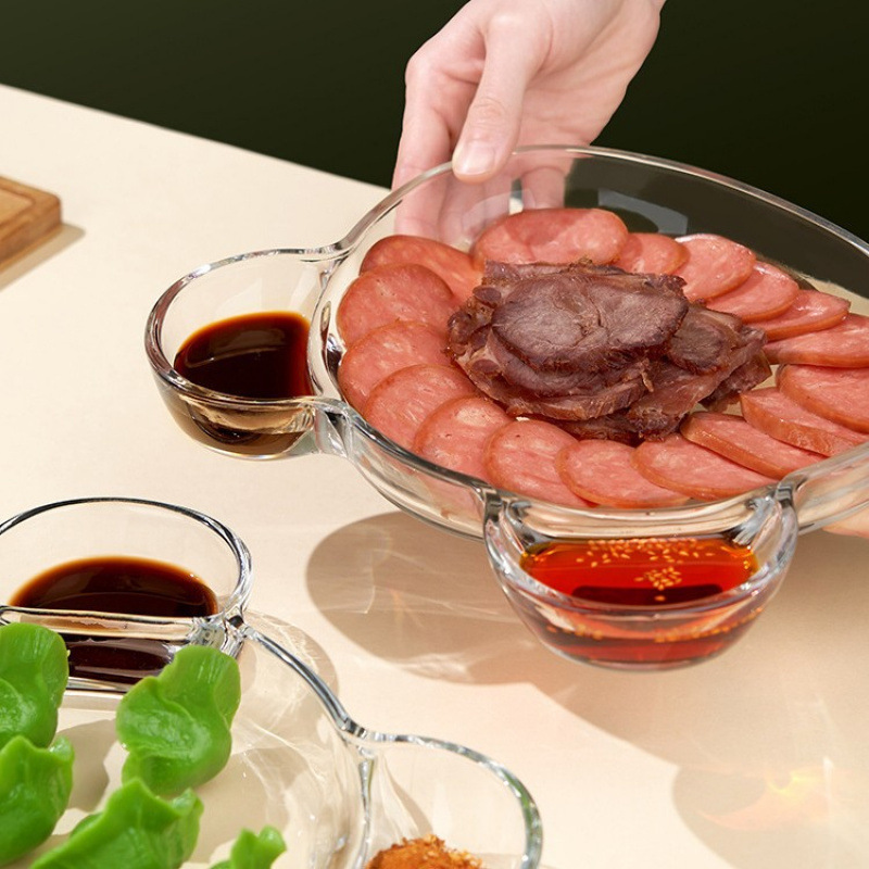 饺子盘玻璃分格盘简约平盘家用带蘸料碟海鲜盘虾盘分餐盘水果盘用|undefined