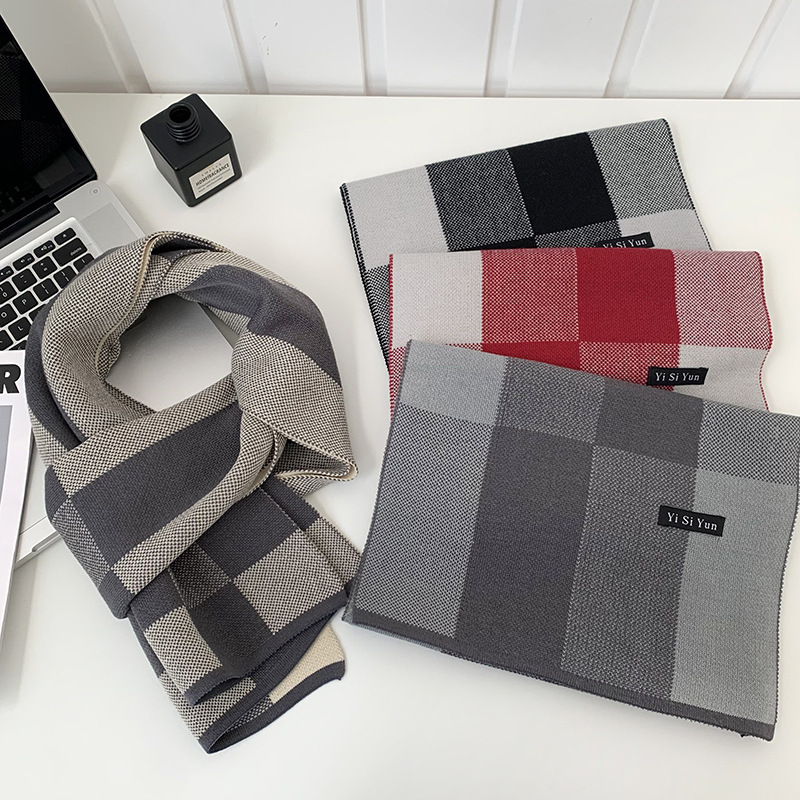 Buñuelo a cuadros para hombres otoño y invierno nuevo estilo coreano de alto nivel sensación chal de punto universal engrosado imitación de cachemira calentamiento buñuelo