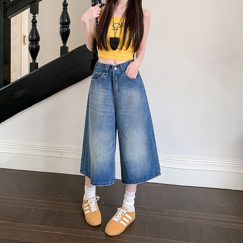 2025 La Chapelle Retro Cropped Denim Shorts for Women, Summer Petite Lazy Style, Slimming Wide-Leg Mid-Length Shorts