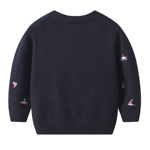 Children's Cross-border New Autumn/Winter V-neck Knitted Sweater with Sail Embroidery, Korean Style Outerwear Sweater