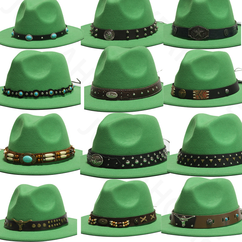 Nuevo sombrero Pu Correa remachada sombrero con sombrero vaquero de piedra elástica sombrero de fieltro cinturón de tejido modelo Pu sombrero con accesorios