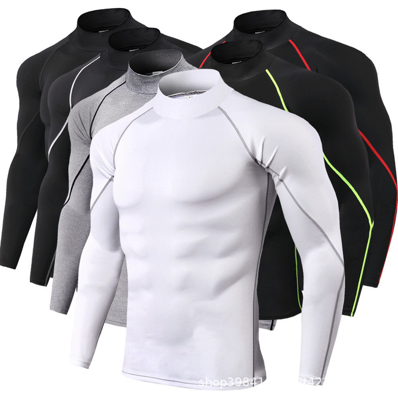 Men's High-Neck Fitness Long-Sleeved Pro Sports Running Long-Sleeved T-Shirt Autumn and Winter Elastic Quick-Drying Stand-Up Collar Sweatshirt